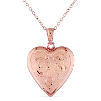 Haylee Jewels Engraved Filigree Heart Locket Pendant with Chain in Rose Plated Sterling Silver