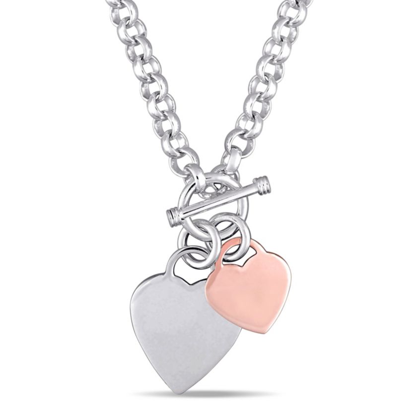 Oval Link Necklace with Double Heart Charm and Toggle Clasp in 2-tone Rose and White Sterling Silver