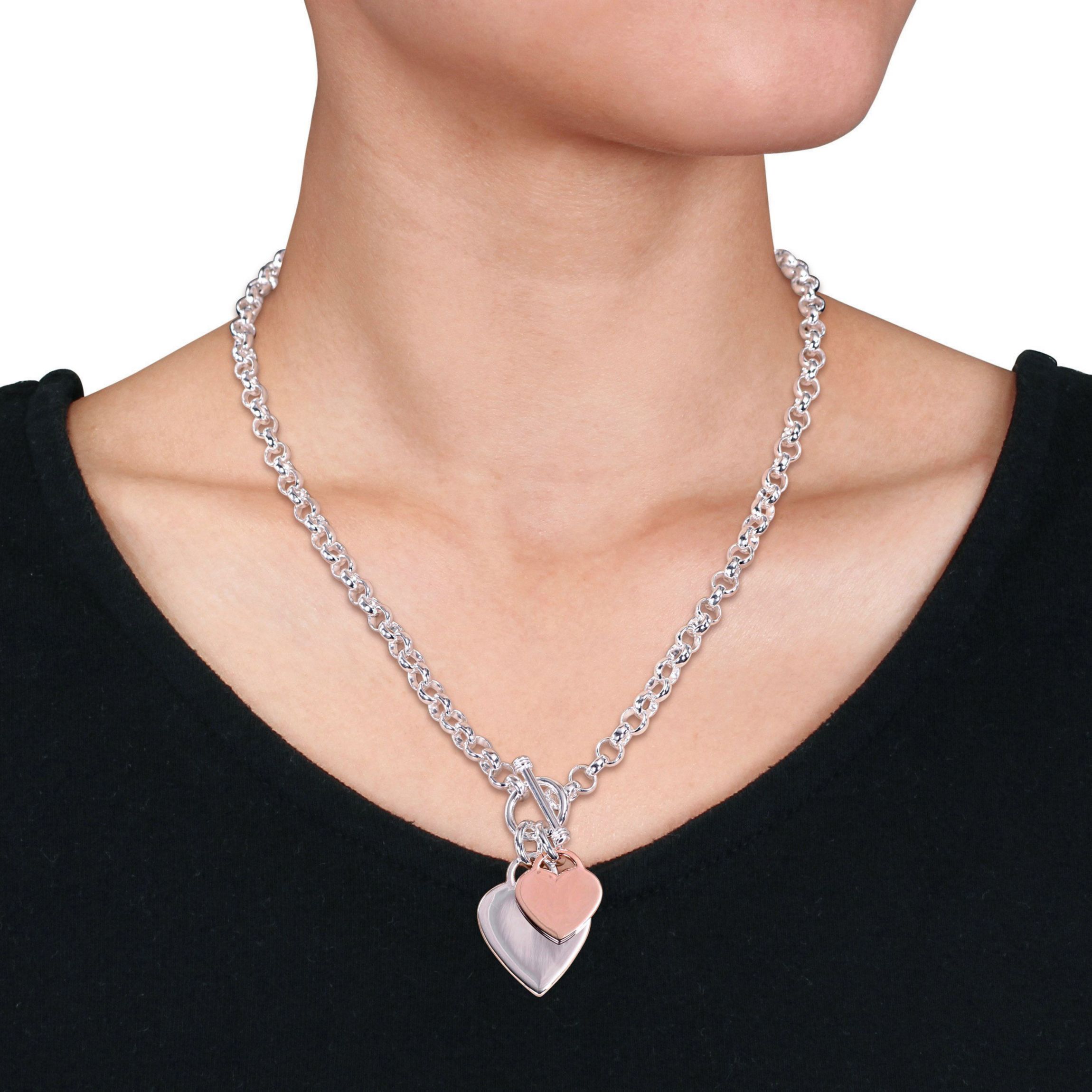 Oval Link Necklace with Double Heart Charm and Toggle Clasp in 2-tone Rose and White Sterling Silver