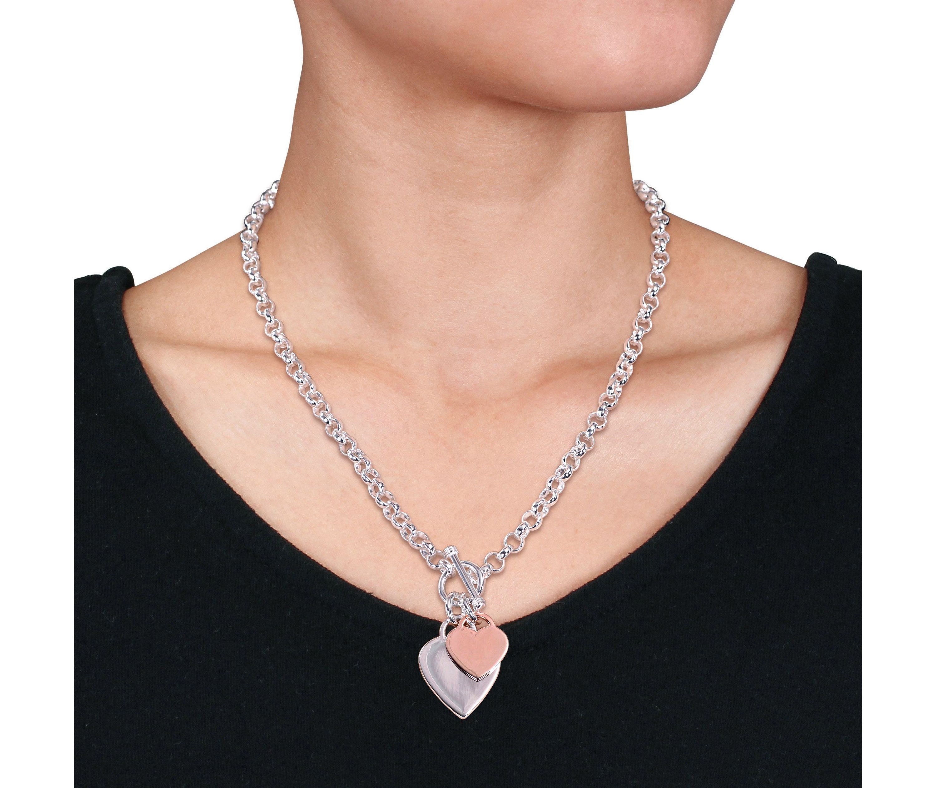 Oval Link Necklace with Double Heart Charm and Toggle Clasp in 2-tone Rose and White Sterling Silver