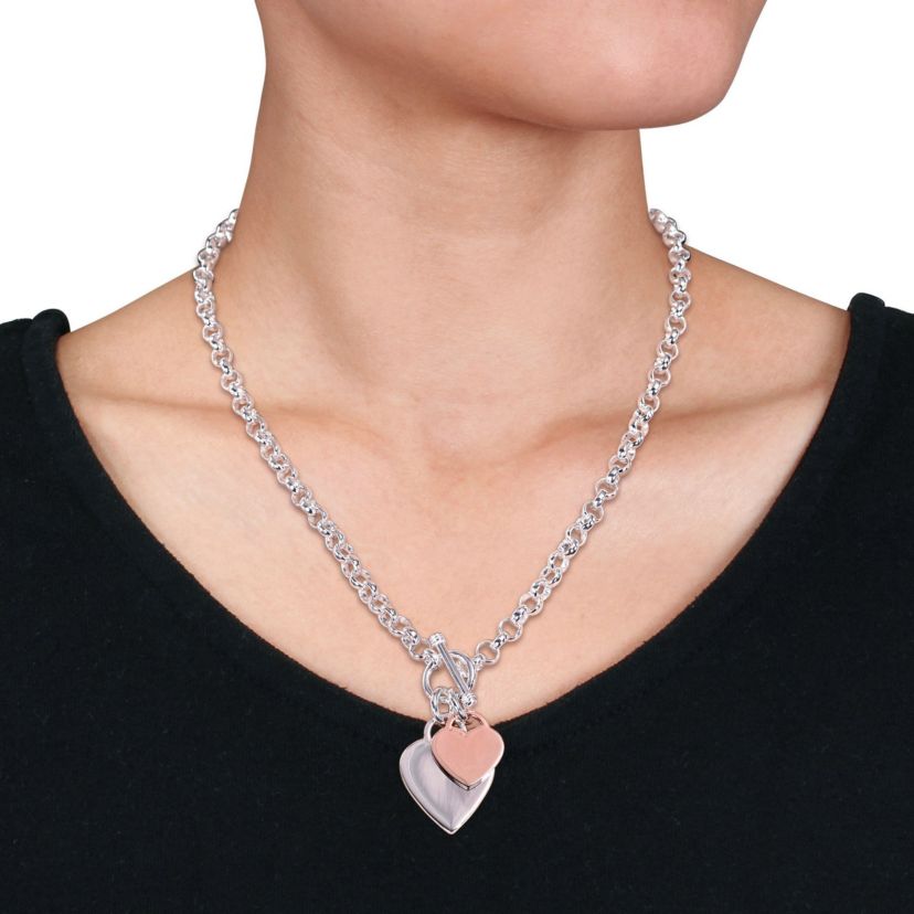 Oval Link Necklace with Double Heart Charm and Toggle Clasp in 2-tone Rose and White Sterling Silver