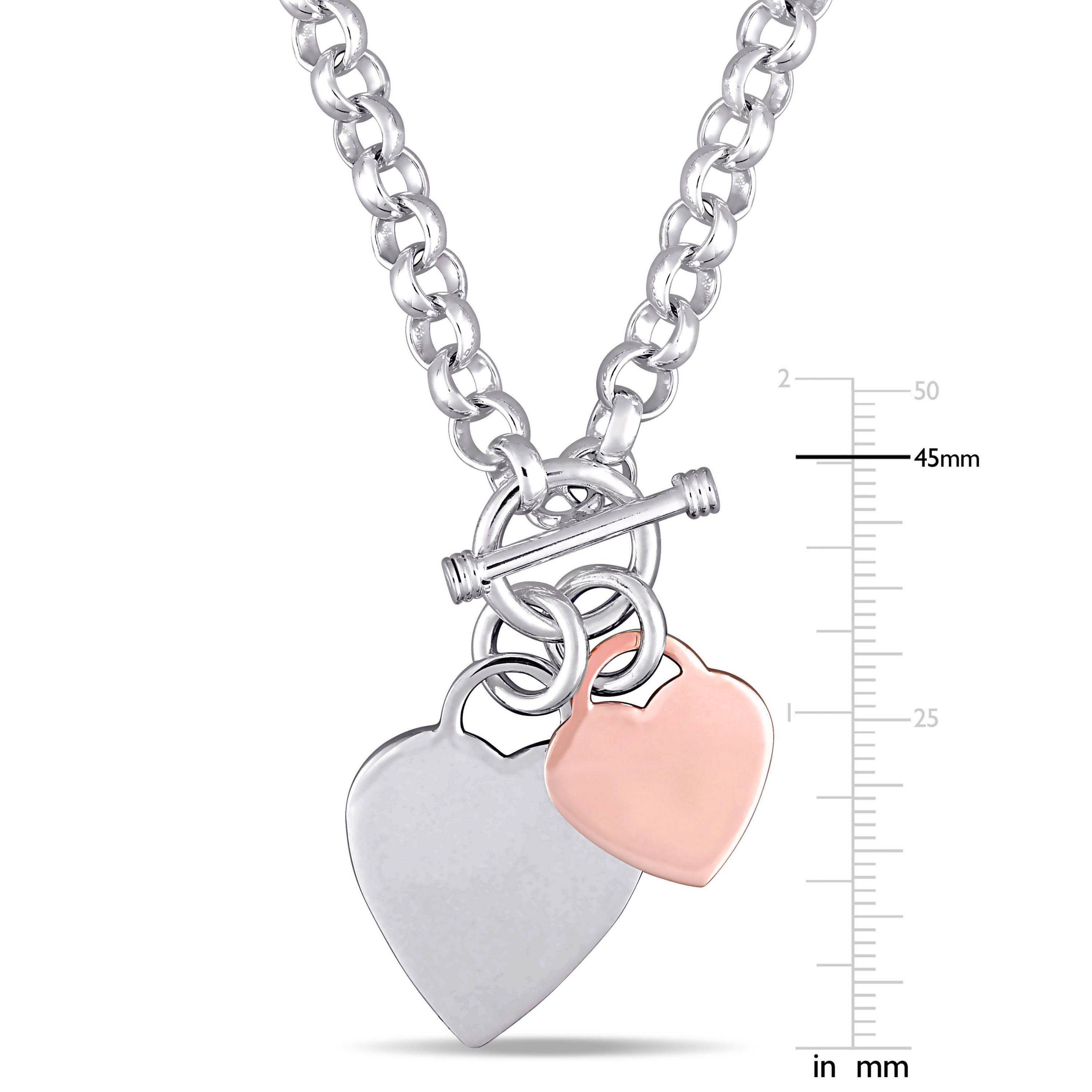 Oval Link Necklace with Double Heart Charm and Toggle Clasp in 2-tone Rose and White Sterling Silver