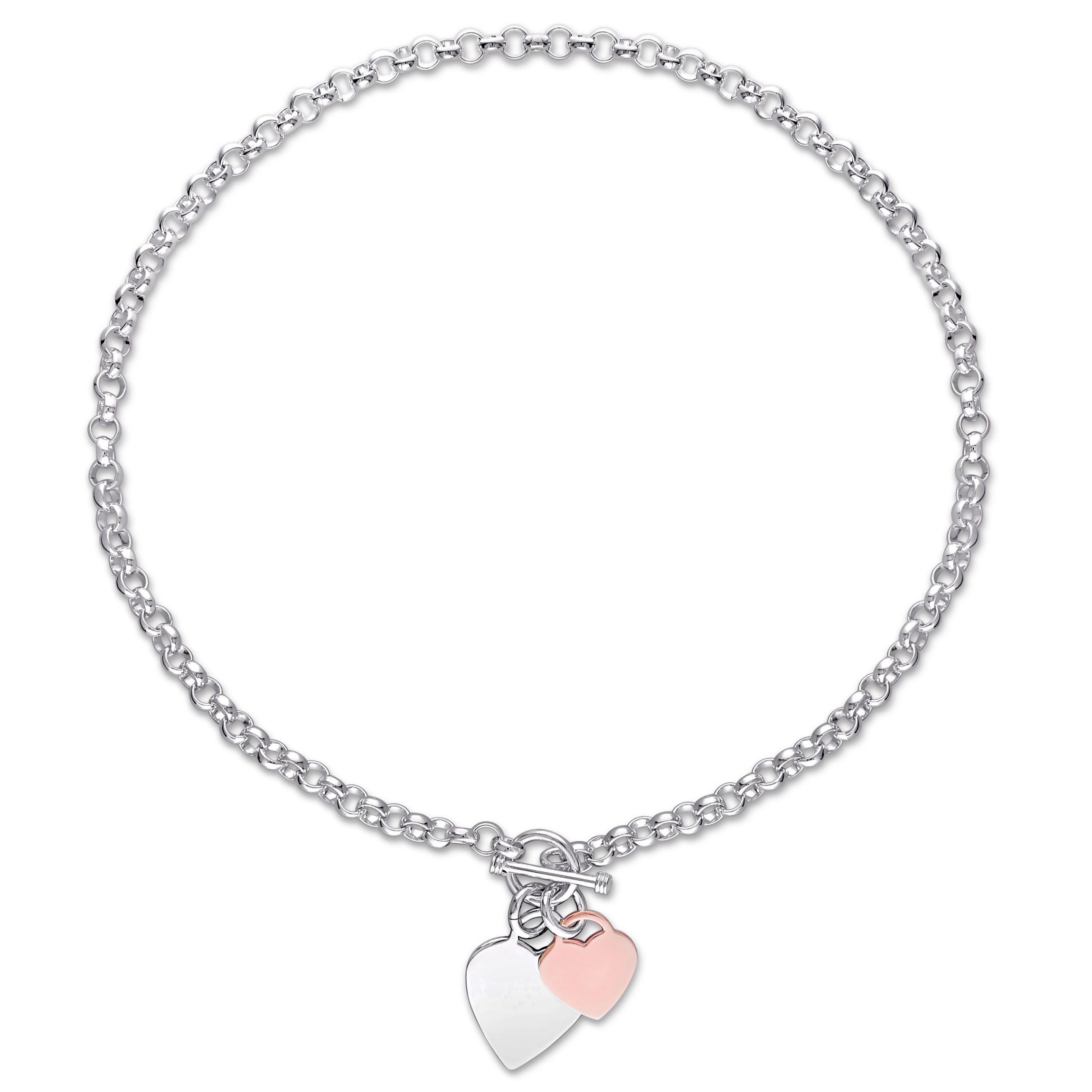 Oval Link Necklace with Double Heart Charm and Toggle Clasp in 2-tone Rose and White Sterling Silver