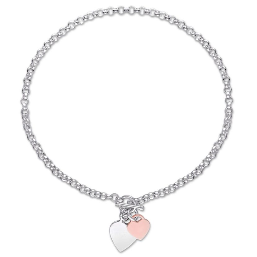 Oval Link Necklace with Double Heart Charm and Toggle Clasp in 2-tone Rose and White Sterling Silver