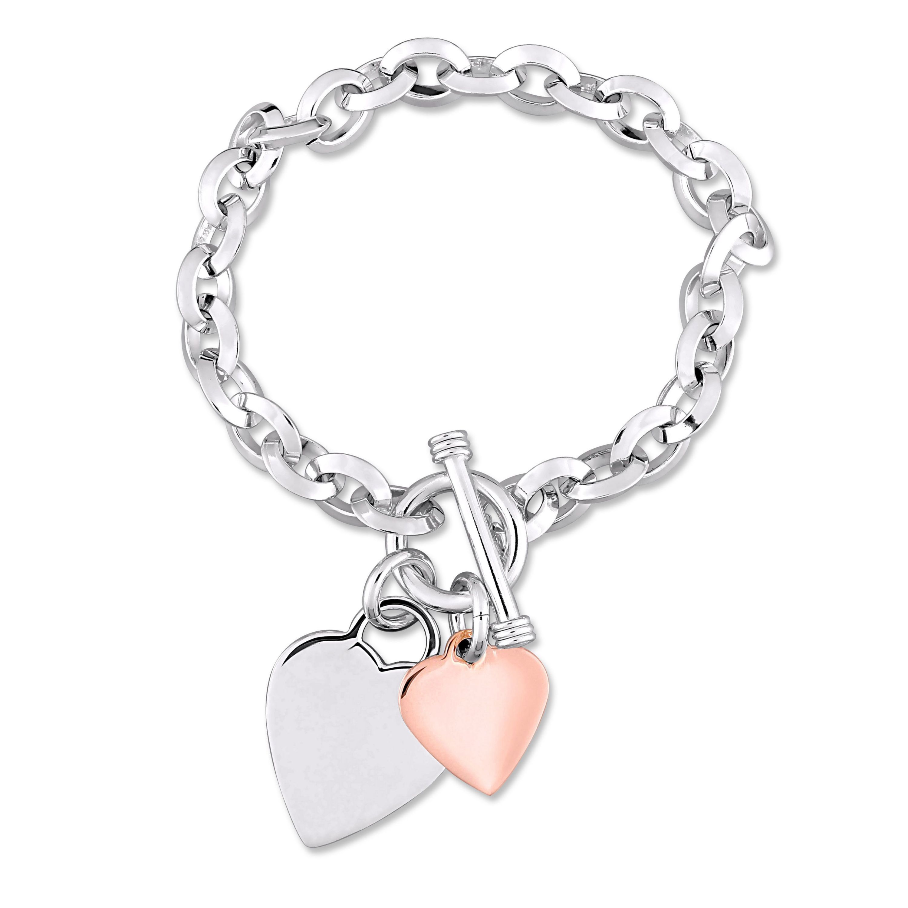 Oval Link Bracelet with Double Heart Charm and Toggle Clasp in 2-tone Rose and White Sterling Silver