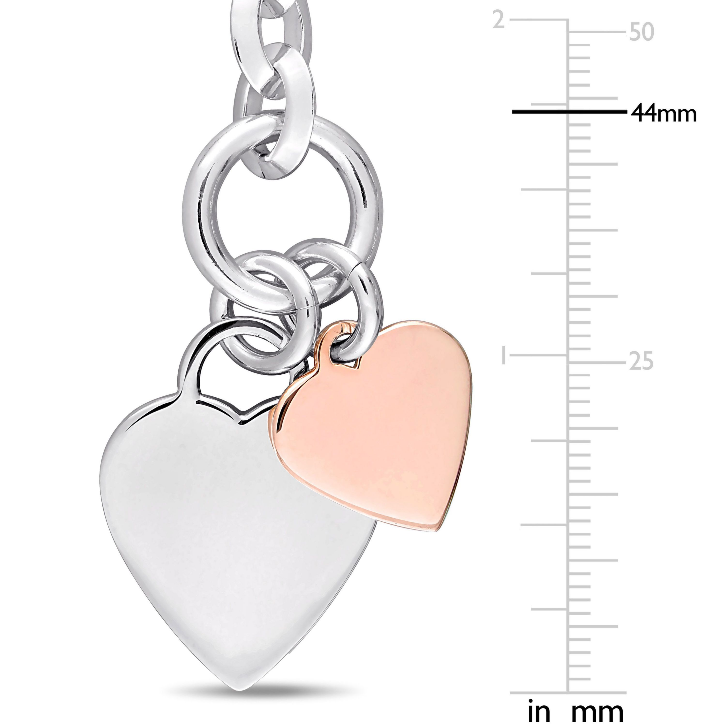 Oval Link Bracelet with Double Heart Charm and Toggle Clasp in 2-tone Rose and White Sterling Silver