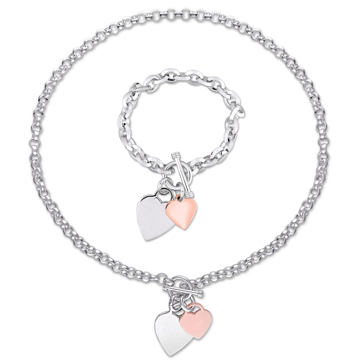 2 Piece Set of Heart Charm Bracelet and Necklace in Two-Tone Rose and White Sterling Silver