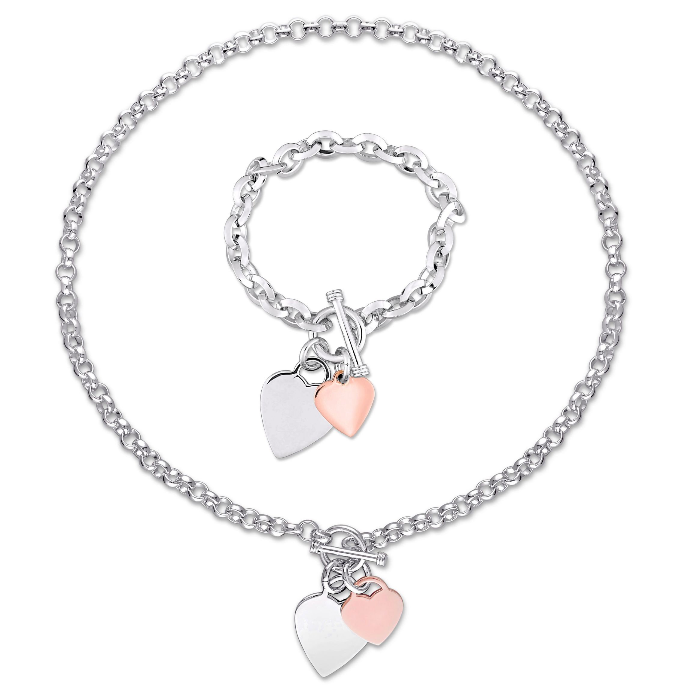 2 Piece Set of Heart Charm Bracelet and Necklace in Two-Tone Rose and White Sterling Silver