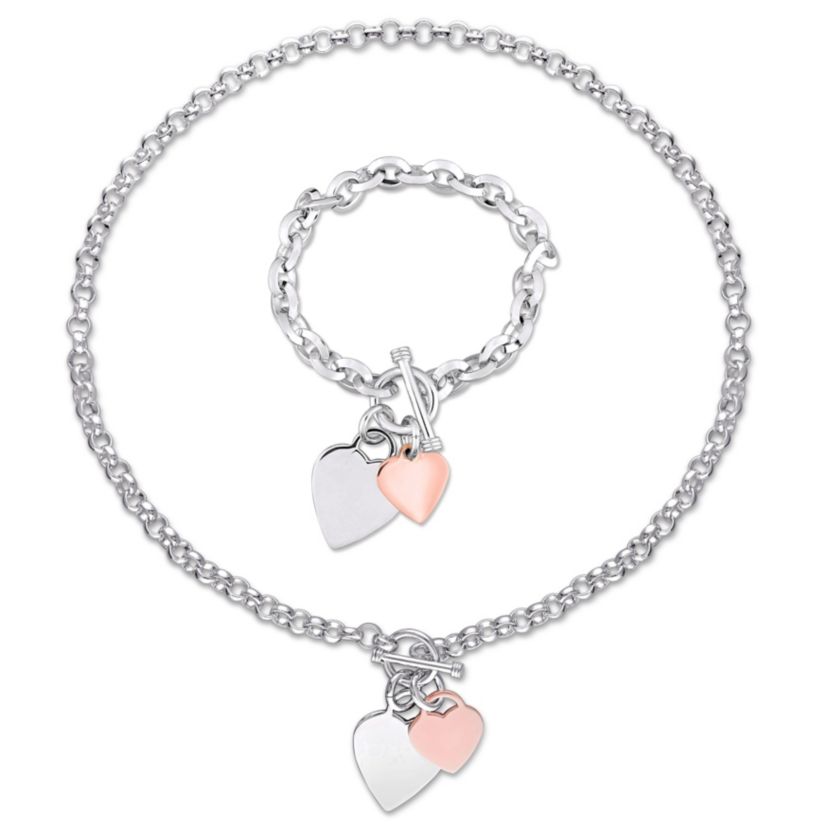 2 Piece Set of Heart Charm Bracelet and Necklace in Two-Tone Rose and White Sterling Silver