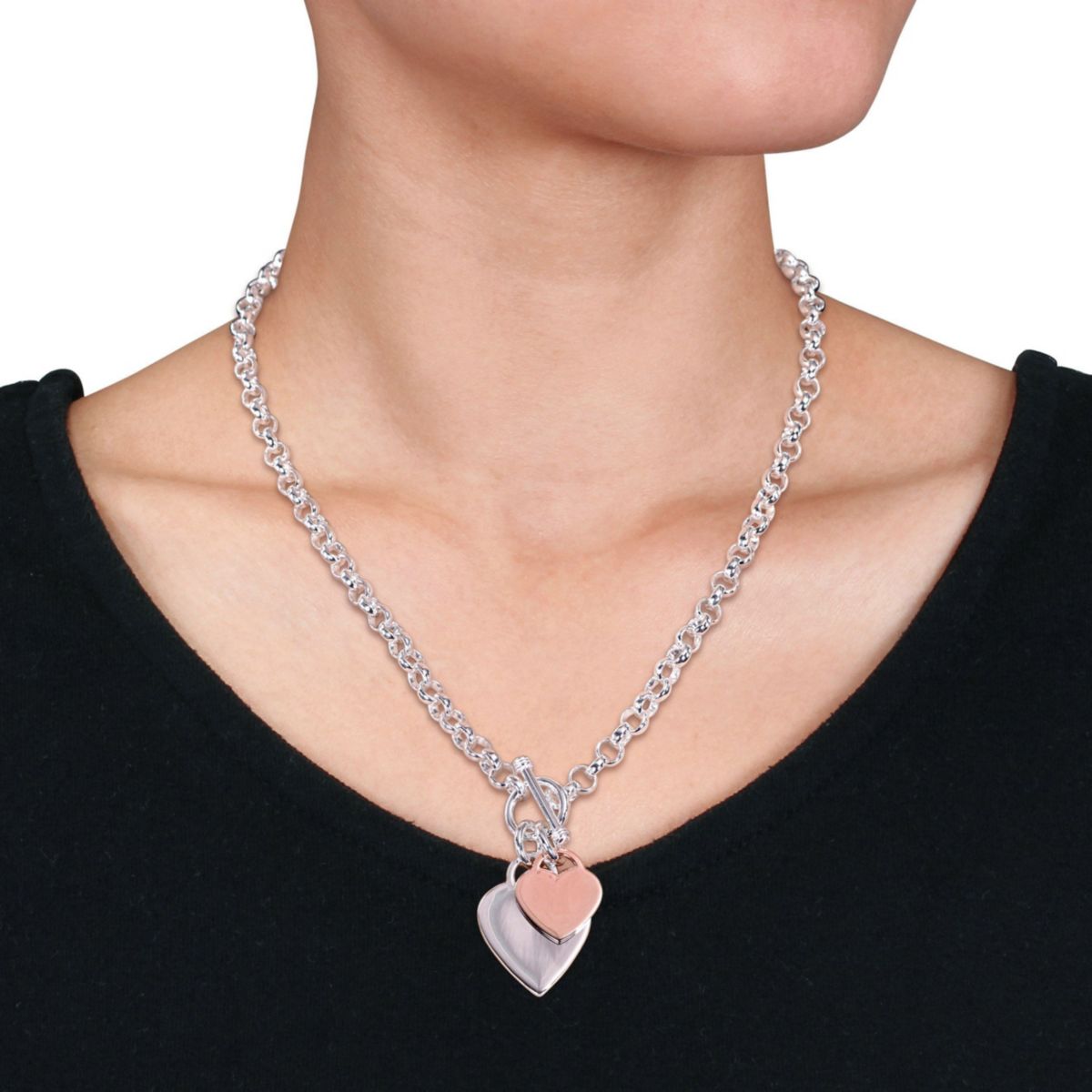 2 Piece Set of Heart Charm Bracelet and Necklace in Two-Tone Rose and White Sterling Silver
