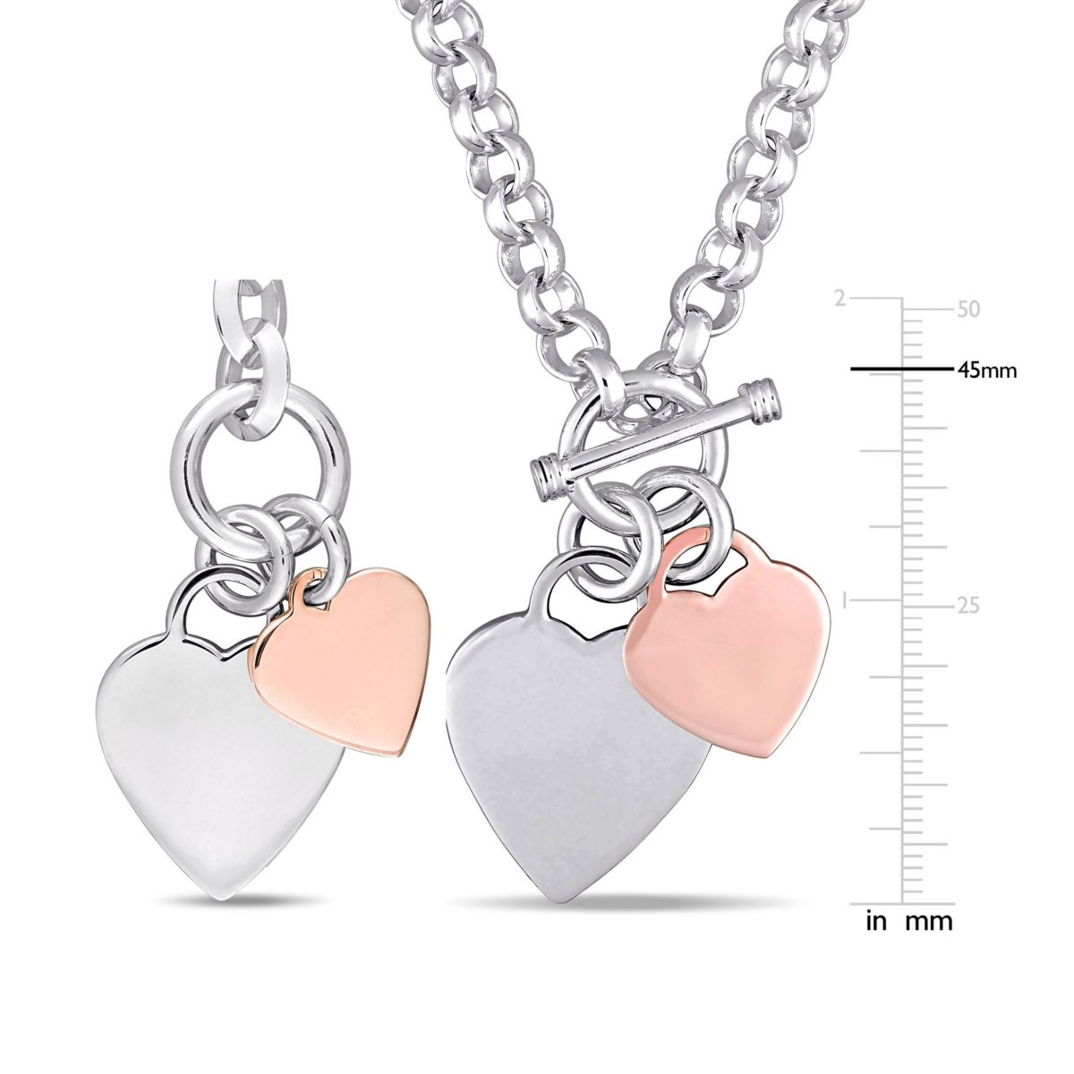 2 Piece Set of Heart Charm Bracelet and Necklace in Two-Tone Rose and White Sterling Silver