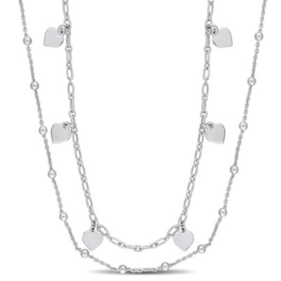 Haylee Jewels Heart and Ball Bead Chain Necklace in Sterling Silver, 19.5", White