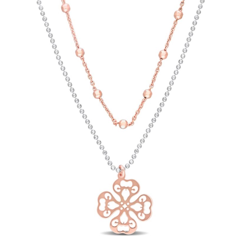 2-Tone 2-Strand Ball Bead Chain Necklace in 18k Rose Gold Plated Sterling Silver, 19"