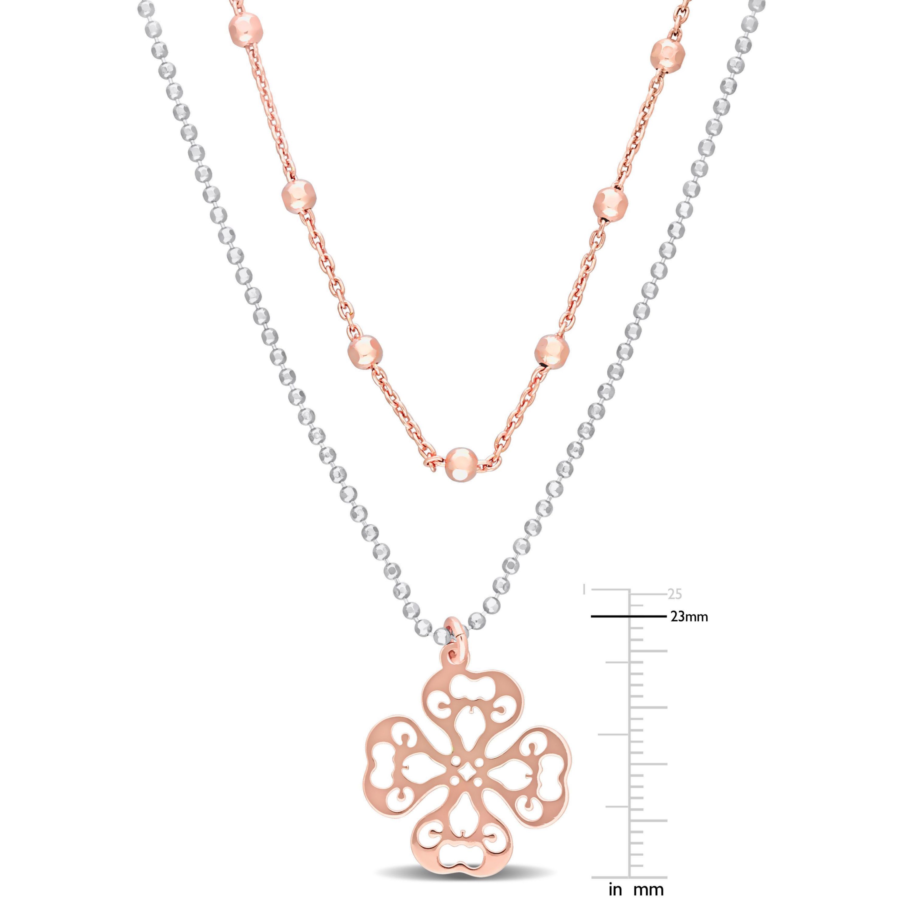 2-Tone 2-Strand Ball Bead Chain Necklace in 18k Rose Gold Plated Sterling Silver, 19"
