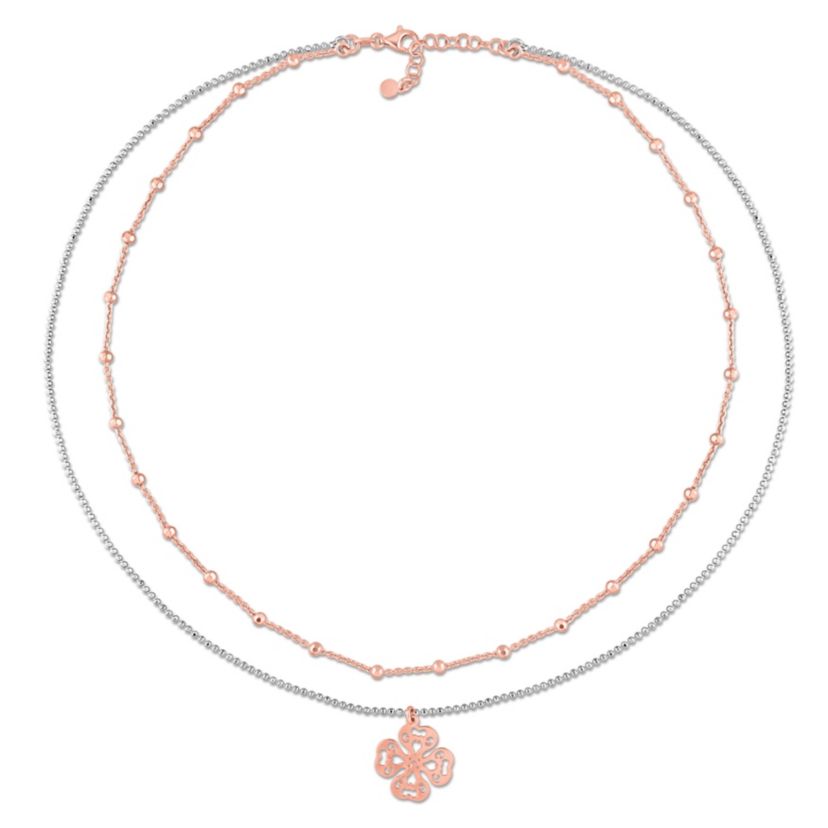 2-Tone 2-Strand Ball Bead Chain Necklace in 18k Rose Gold Plated Sterling Silver, 19"