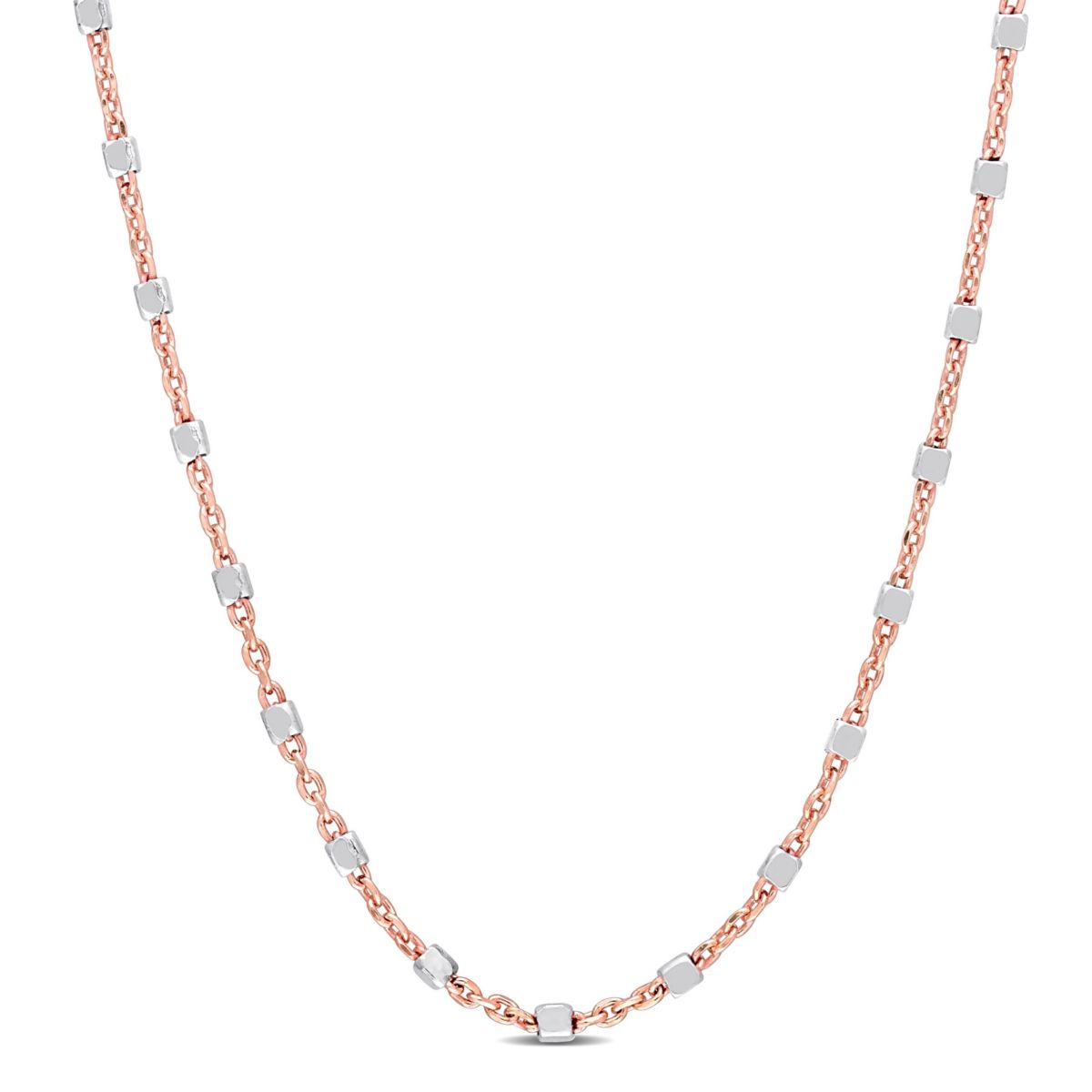 Two-Tone White Bead Chain Necklace in 18k Rose Gold Plated Sterling Silver, 16"