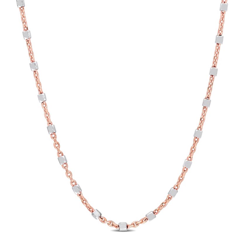 Two-Tone White Bead Chain Necklace in 18k Rose Gold Plated Sterling Silver, 16"