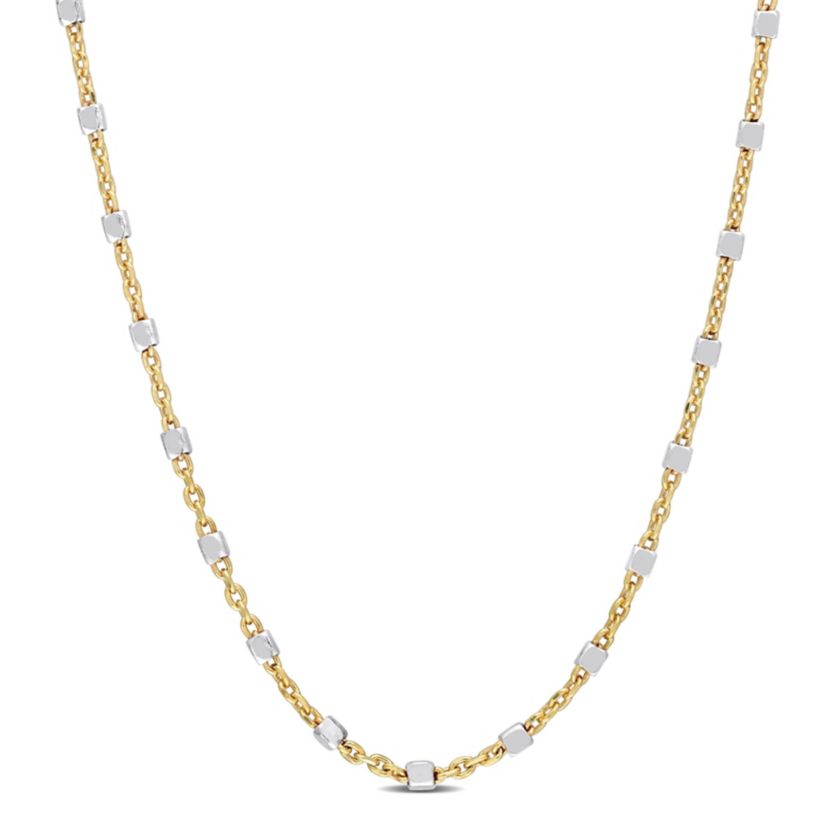 Two-Tone White Bead Chain Necklace in 18k Yellow Gold Plated Sterling Silver, 20"