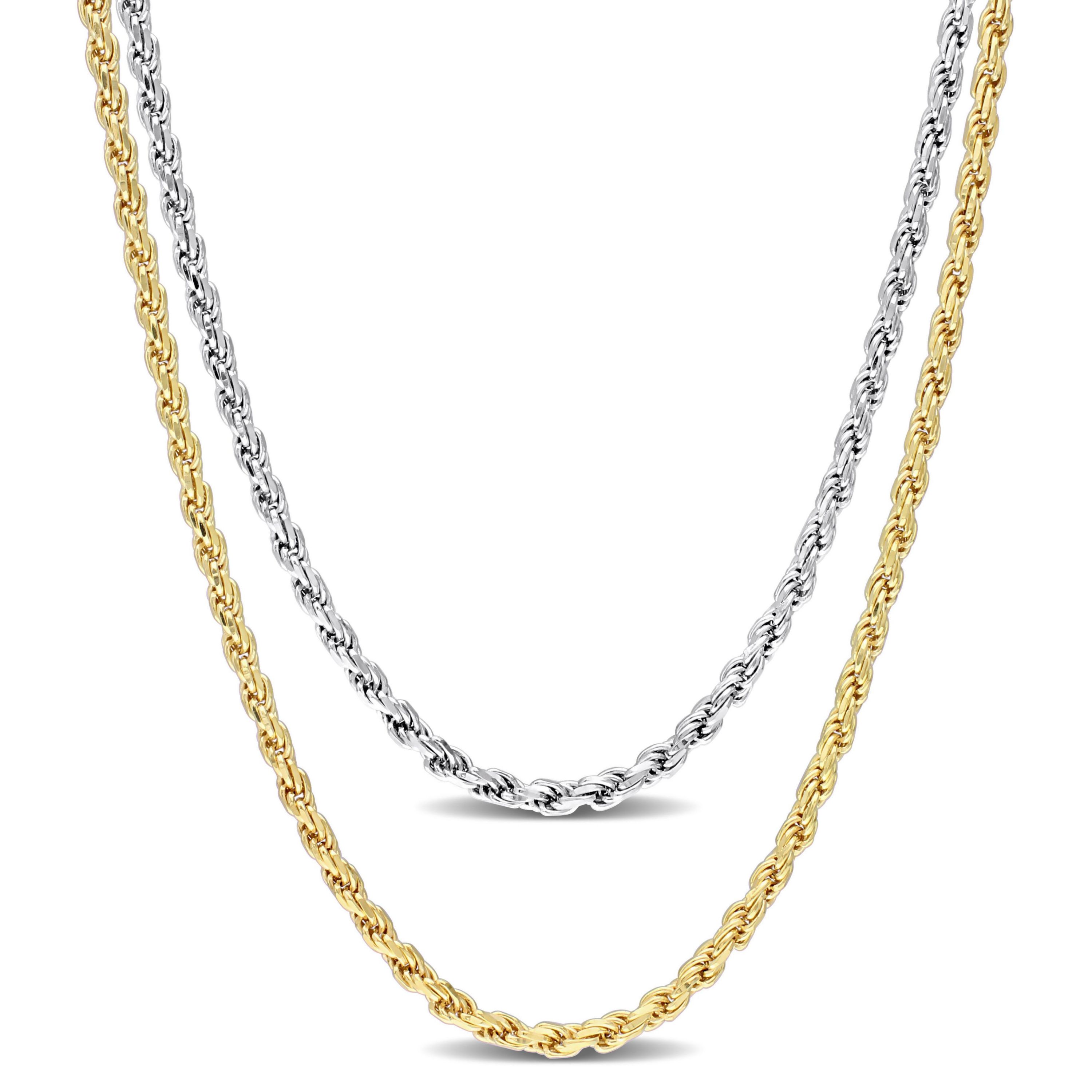 2.2MM Rope Chain Necklace Set 18"ch 18k Yellow Gold Plated and 16"ch White Sterling Silver