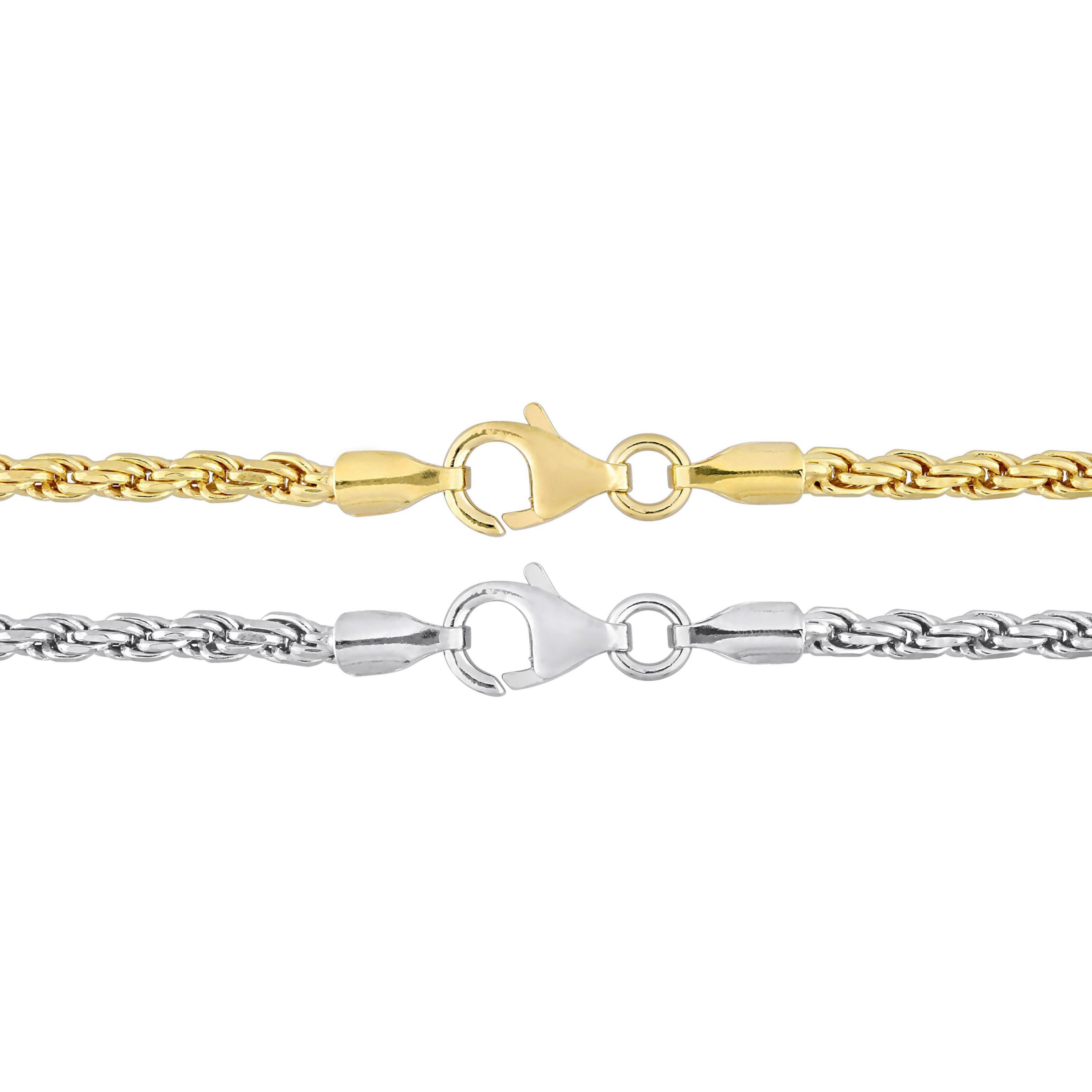 2.2MM Rope Chain Necklace Set 18"ch 18k Yellow Gold Plated and 16"ch White Sterling Silver