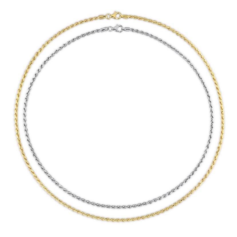 2.2MM Rope Chain Necklace Set 18"ch 18k Yellow Gold Plated and 16"ch White Sterling Silver