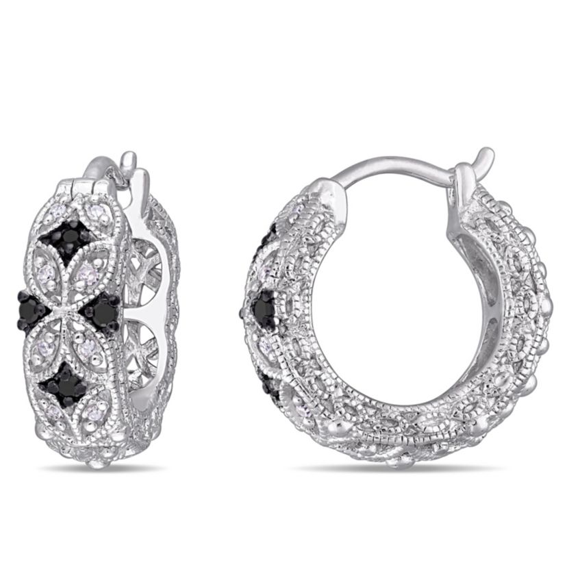 1/6 CT TW Black and White Diamond Vintage Hoop Earrings in Sterling Silver