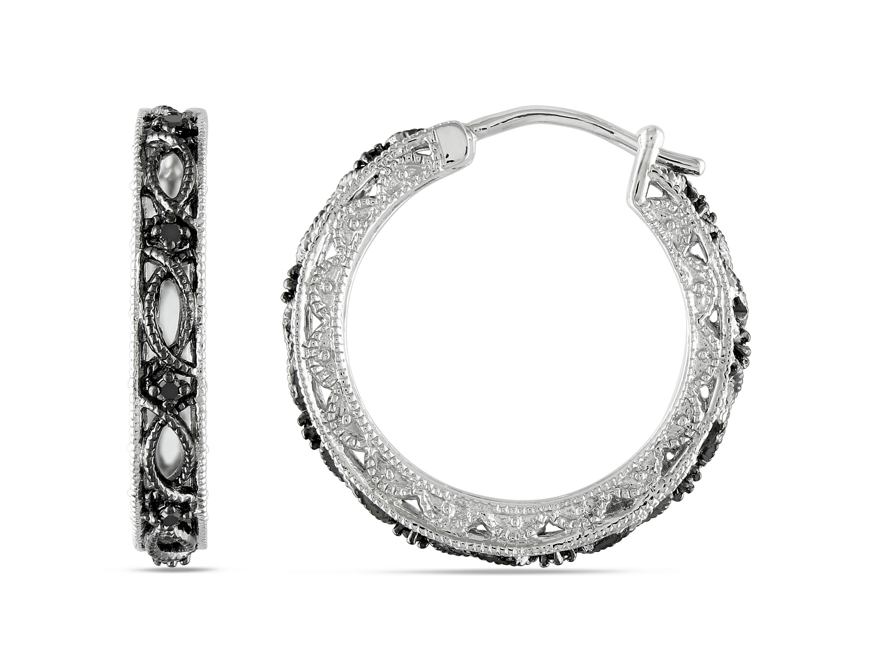 1/10 CT TW Black Diamond Vintage Hoop Earrings in Sterling Silver