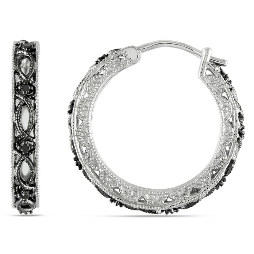 1/10 CT TW Black Diamond Vintage Hoop Earrings in Sterling Silver