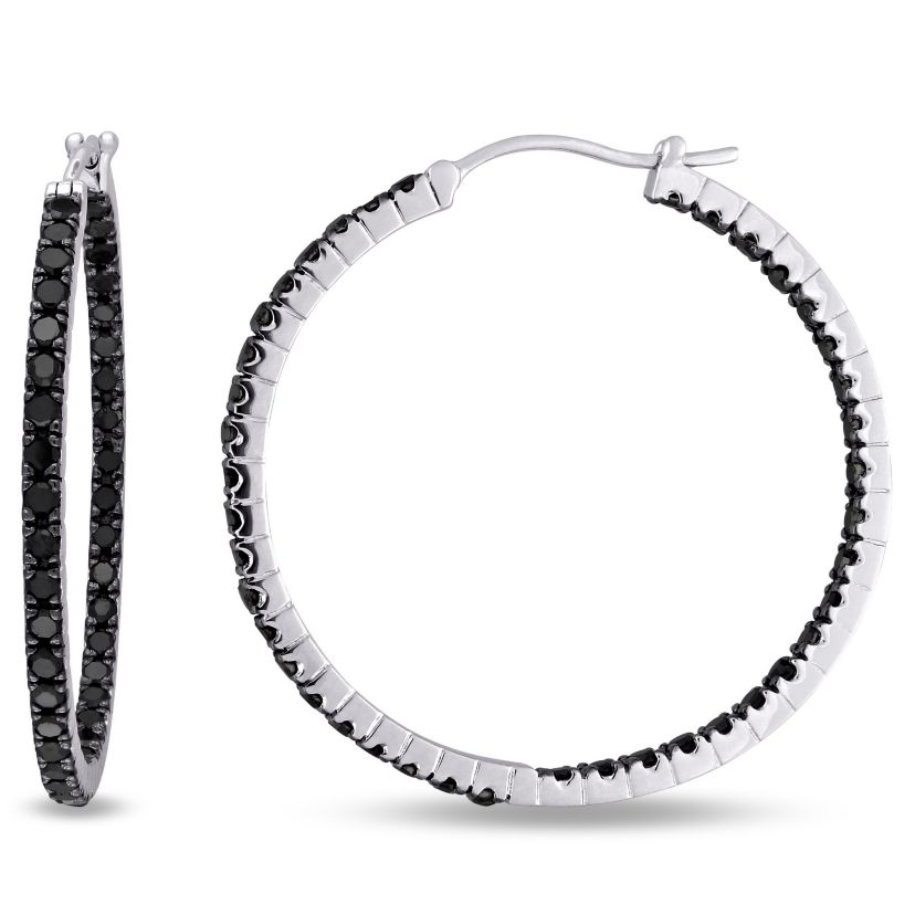 2.2 CT TW Black Diamond Inside Outside Hoop Earrings in Sterling Silver