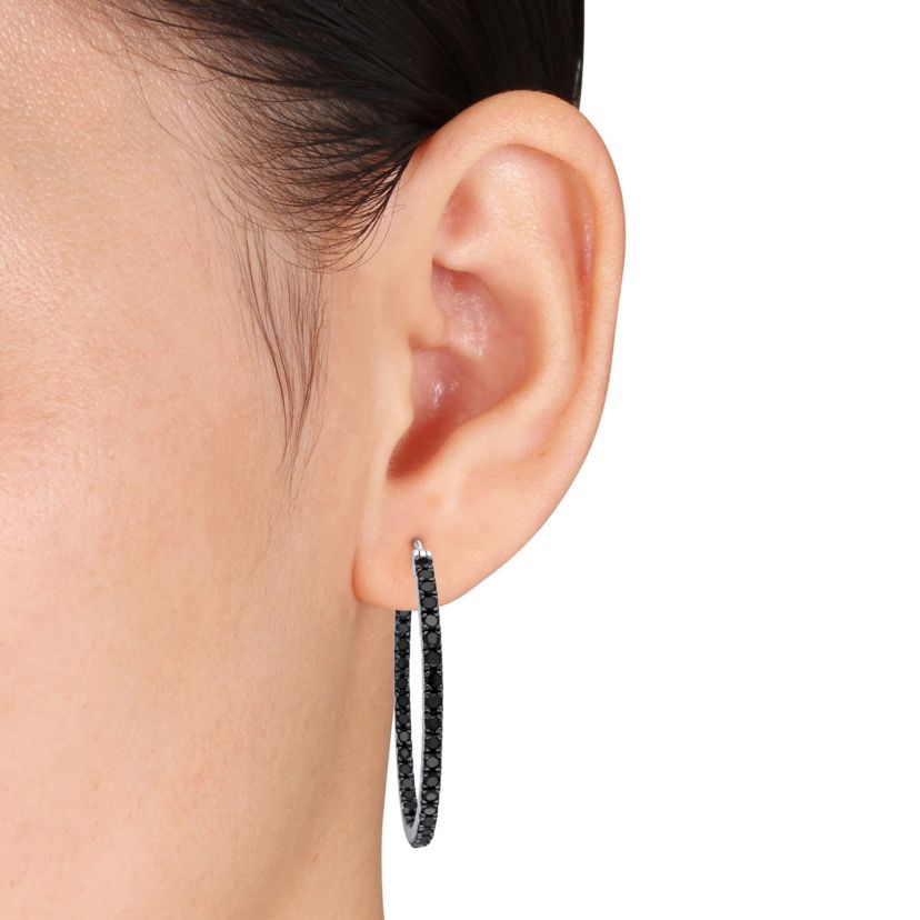 2.2 CT TW Black Diamond Inside Outside Hoop Earrings in Sterling Silver