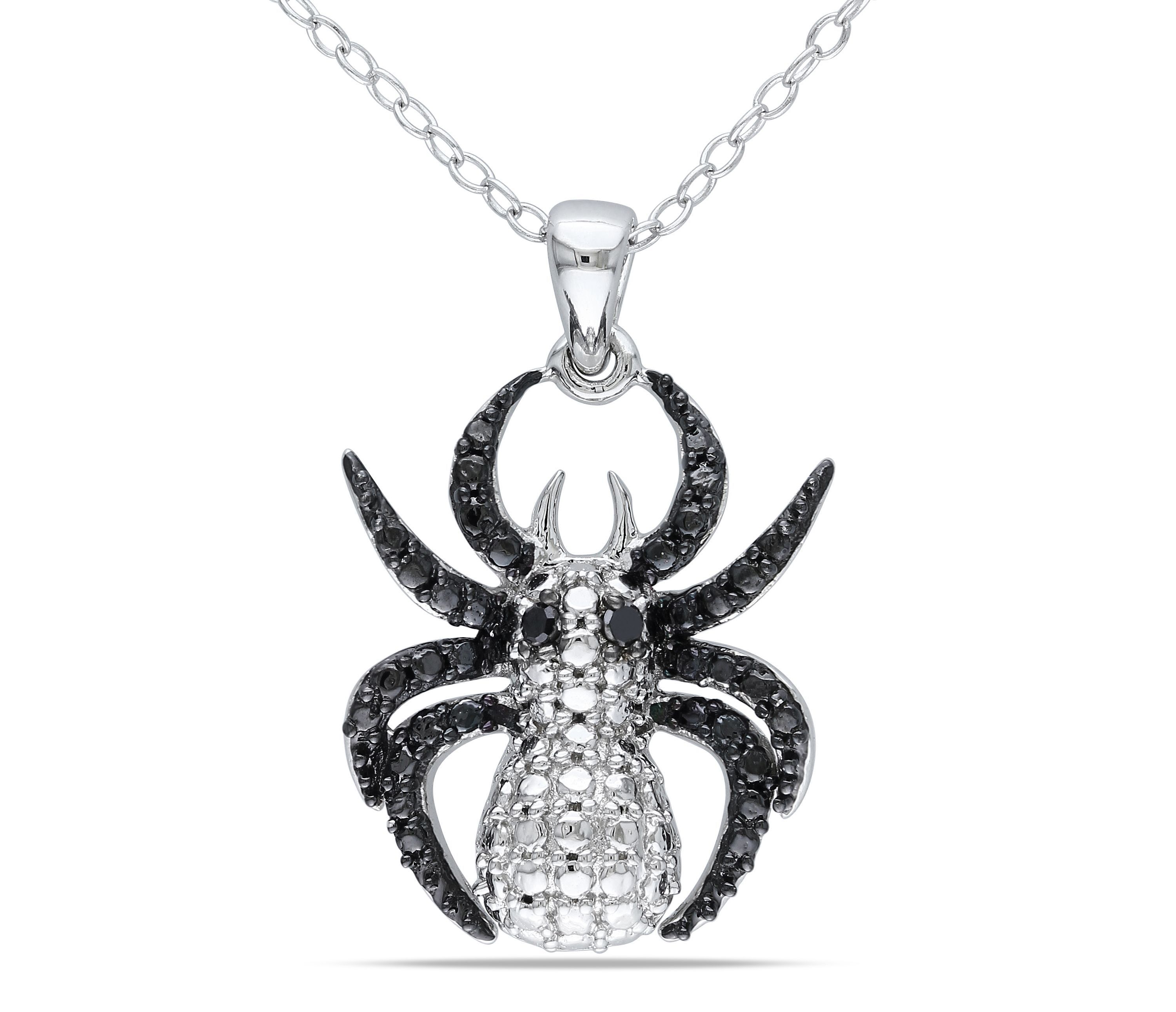 Black Diamond Spider Pendant with Chain in Sterling Silver with Black Rhodium