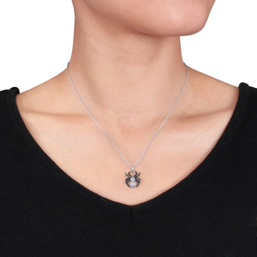 Black Diamond Spider Pendant with Chain in Sterling Silver with Black Rhodium