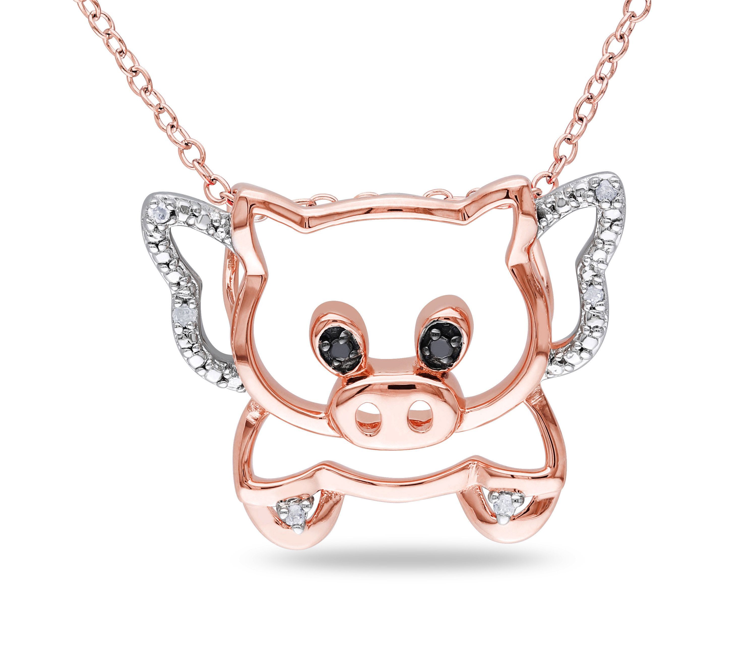 Black and White Diamond When Pigs Can Fly Pendant with Chain in 2-Tone Sterling Silver