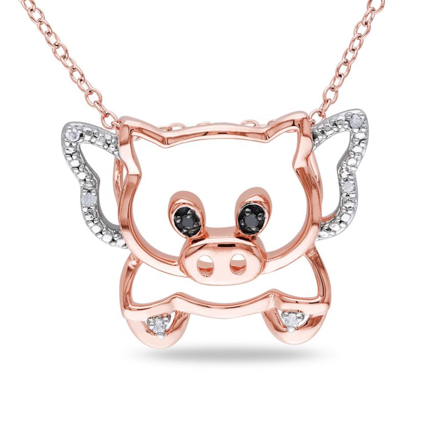 Black and White Diamond When Pigs Can Fly Pendant with Chain in 2-Tone Sterling Silver