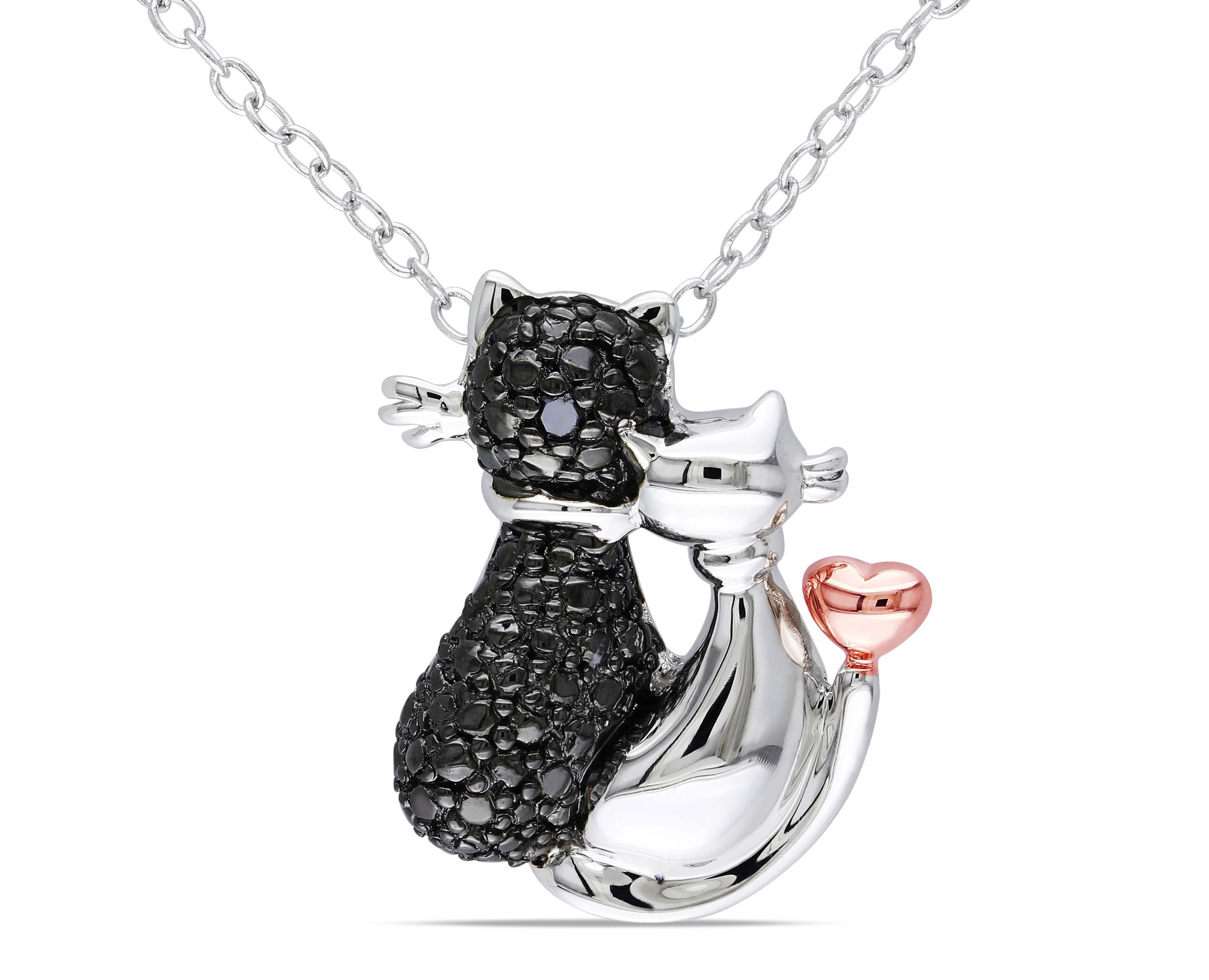 Black Diamond Cat Love Pendant with Chain in 2-Tone Sterling Silver with Black Rhodium