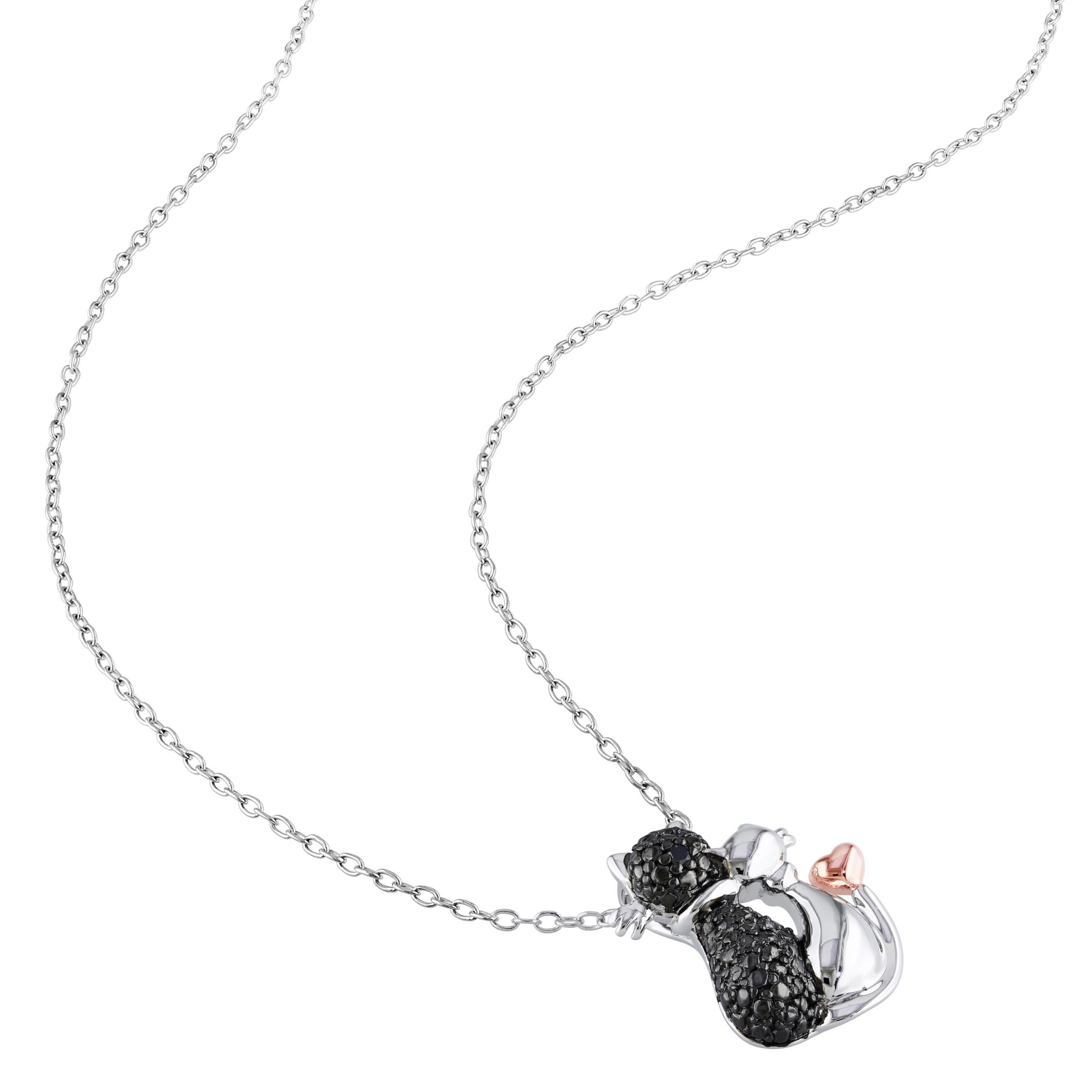 Black Diamond Cat Love Pendant with Chain in 2-Tone Sterling Silver with Black Rhodium