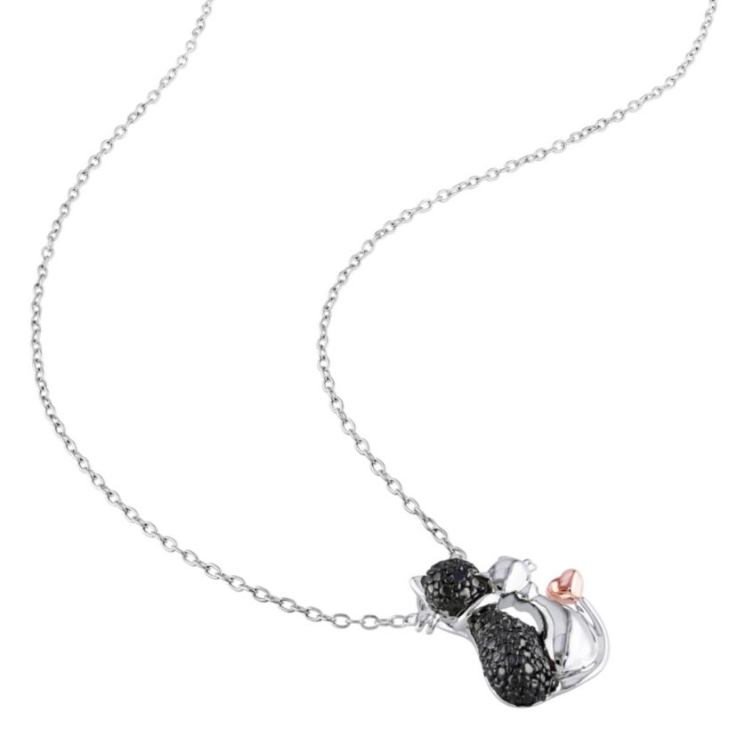 Black Diamond Cat Love Pendant with Chain in 2-Tone Sterling Silver with Black Rhodium