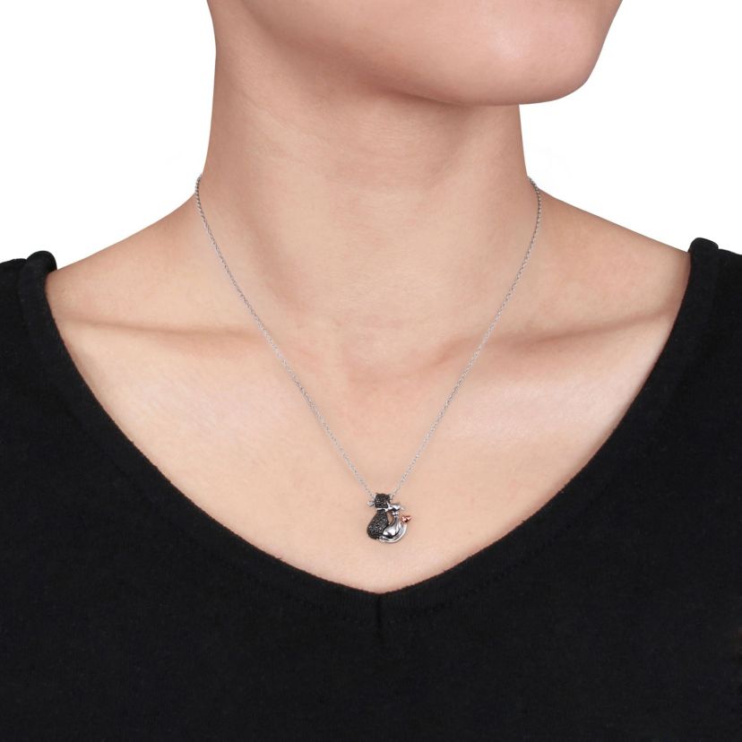 Black Diamond Cat Love Pendant with Chain in 2-Tone Sterling Silver with Black Rhodium