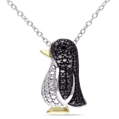 Belk & Co Black Diamond Penguin Pendant with Chain in 2-Tone Sterling Silver with Black Rhodium, White