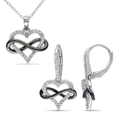 Belk & Co 2-Piece Set 1/5 CT TW Diamond Heart Infinity Necklace and Earrings in Sterling Silver with Black Rhodium, White