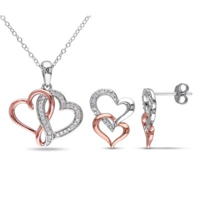 Belk & Co 2-Piece Set 1/5 CT TW Diamond Linked Heart Stud Earrings and Necklace in 2-Tone Sterling Silver, White