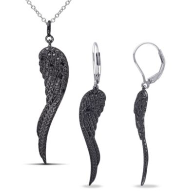 Belk & Co 2-Piece Set Black Diamond Accent Angel Wing Drop Earrings and Necklace in Sterling Silver with Black Rhodium, White