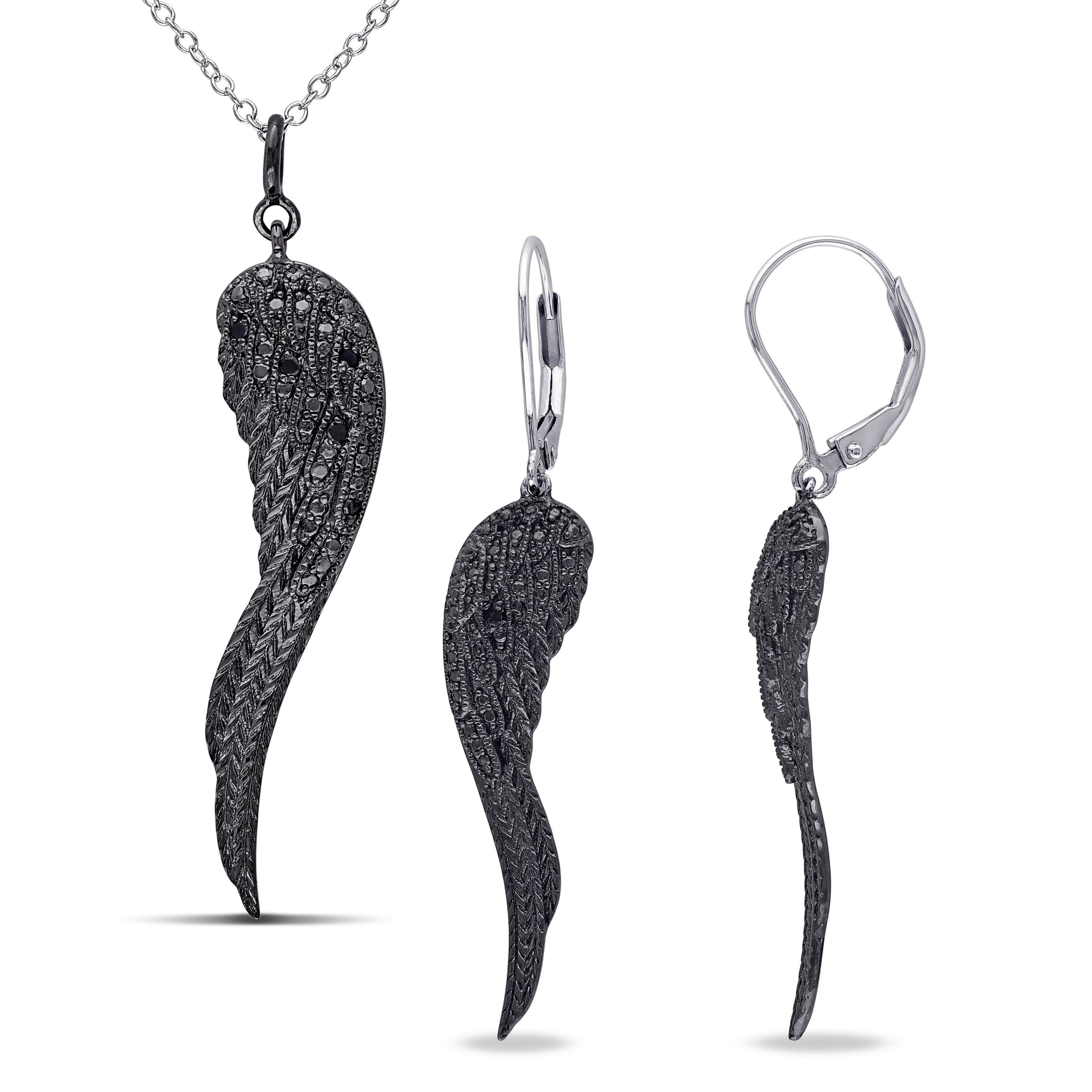 2-Piece Set Black Diamond Accent Angel Wing Drop Earrings and Necklace in Sterling Silver with Black Rhodium