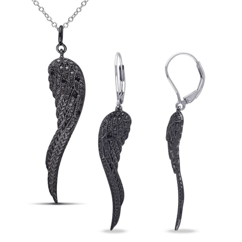 2-Piece Set Black Diamond Accent Angel Wing Drop Earrings and Necklace in Sterling Silver with Black Rhodium