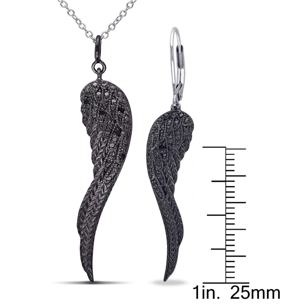2-Piece Set Black Diamond Accent Angel Wing Drop Earrings and Necklace in Sterling Silver with Black Rhodium