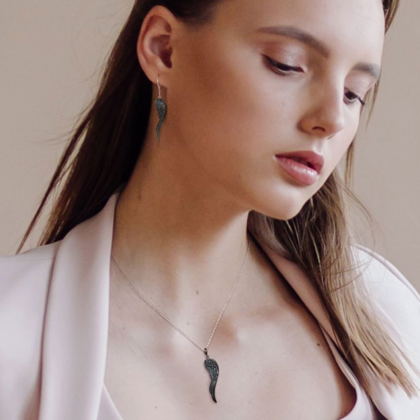 2-Piece Set Black Diamond Accent Angel Wing Drop Earrings and Necklace in Sterling Silver with Black Rhodium