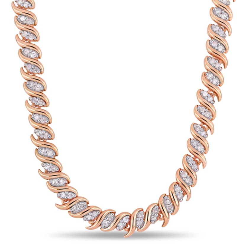 2 CT TW Diamond S-Link Tennis Necklace in Rose Plated Sterling Silver
