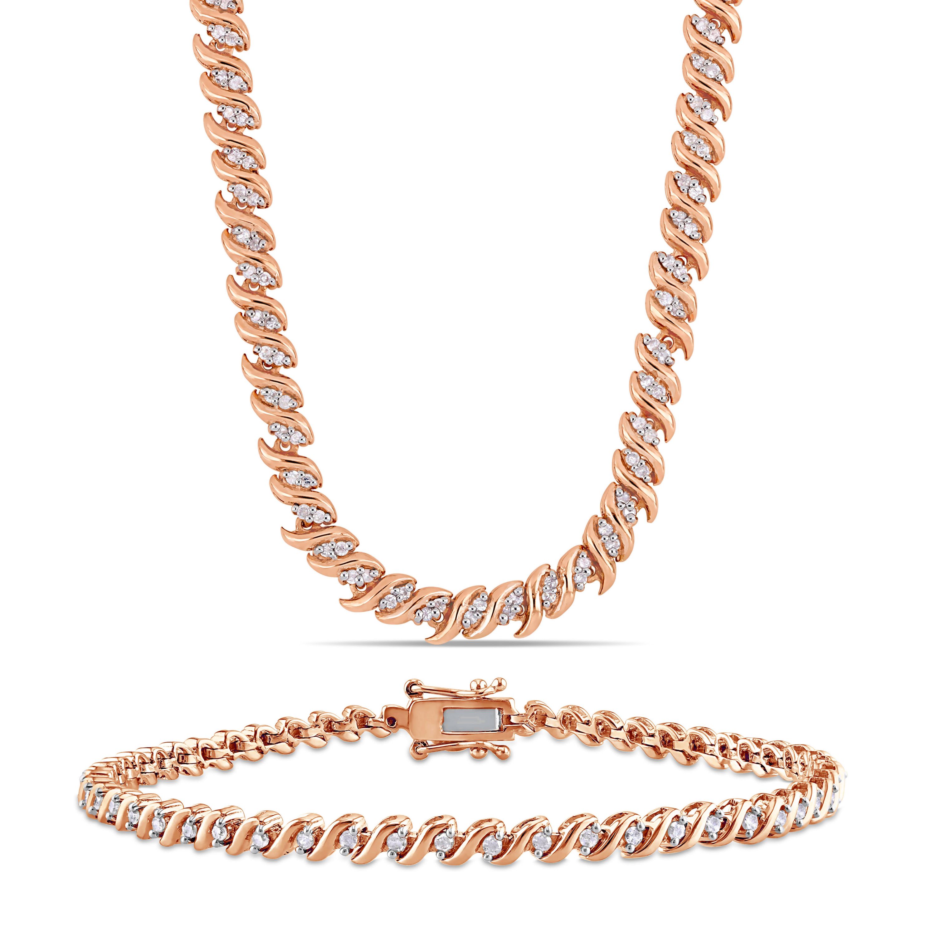 2-Piece Set 1.5 CT TW Diamond S-Link Tennis Necklace and Bracelet in Rose Plated Silver