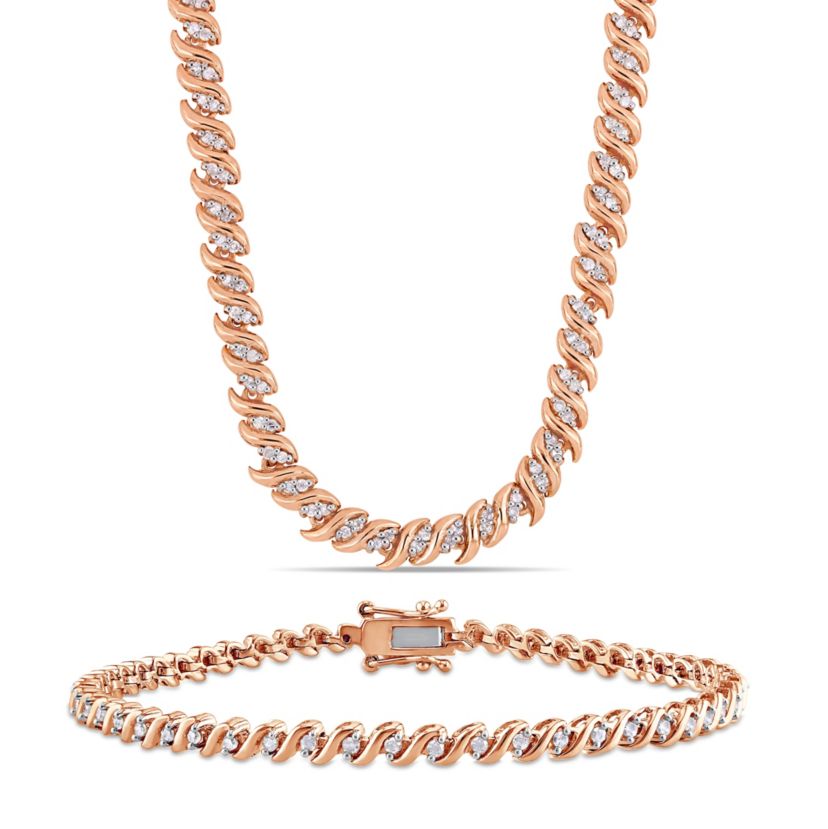 2-Piece Set 1.5 CT TW Diamond S-Link Tennis Necklace and Bracelet in Rose Plated Silver