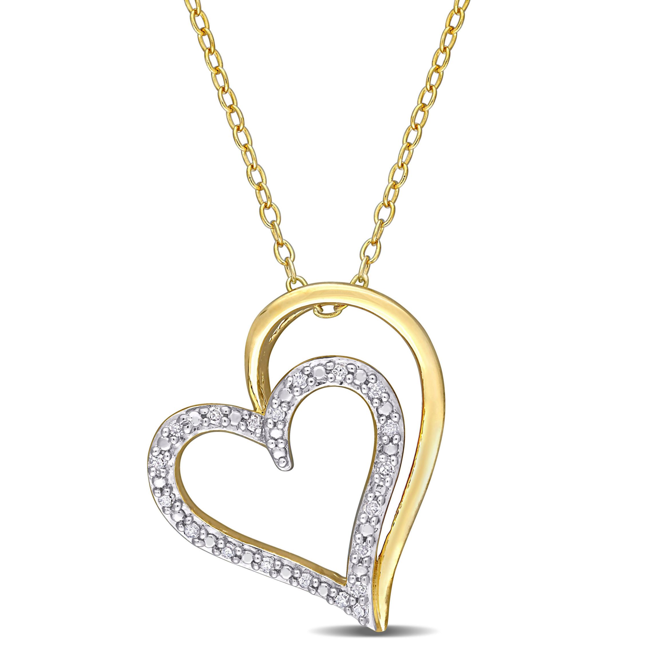 1/10 CT TW Diamond Double Heart Pendant with Chain in Yellow Plated Sterling Silver